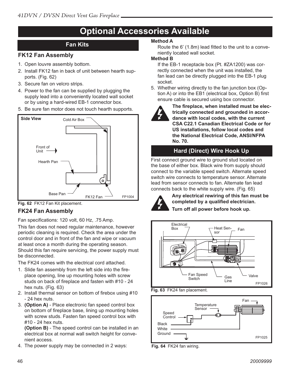 Optional accessories available, 41dvn / dvsn direct vent gas fireplace, Fk12 fan assembly | Fk24 fan assembly, Hard (direct) wire hook up, Fan kits | Temco Tool 41DVN User Manual | Page 46 / 52