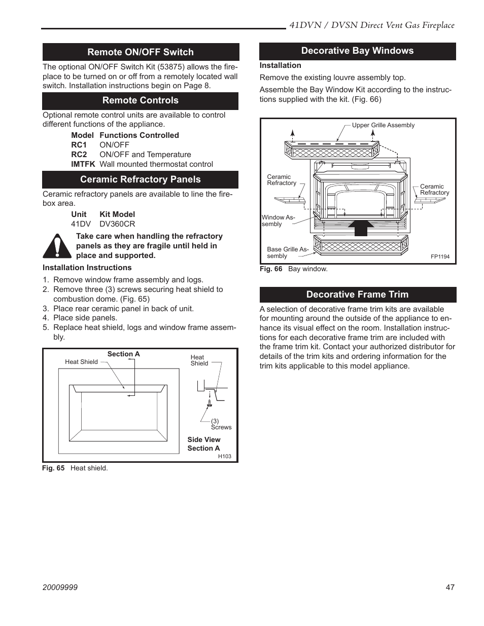 41dvn / dvsn direct vent gas fireplace, Remote controls, Ceramic refractory panels | Decorative bay windows, Decorative frame trim, Remote on/off switch | Temco Tool 41DVN User Manual | Page 47 / 52