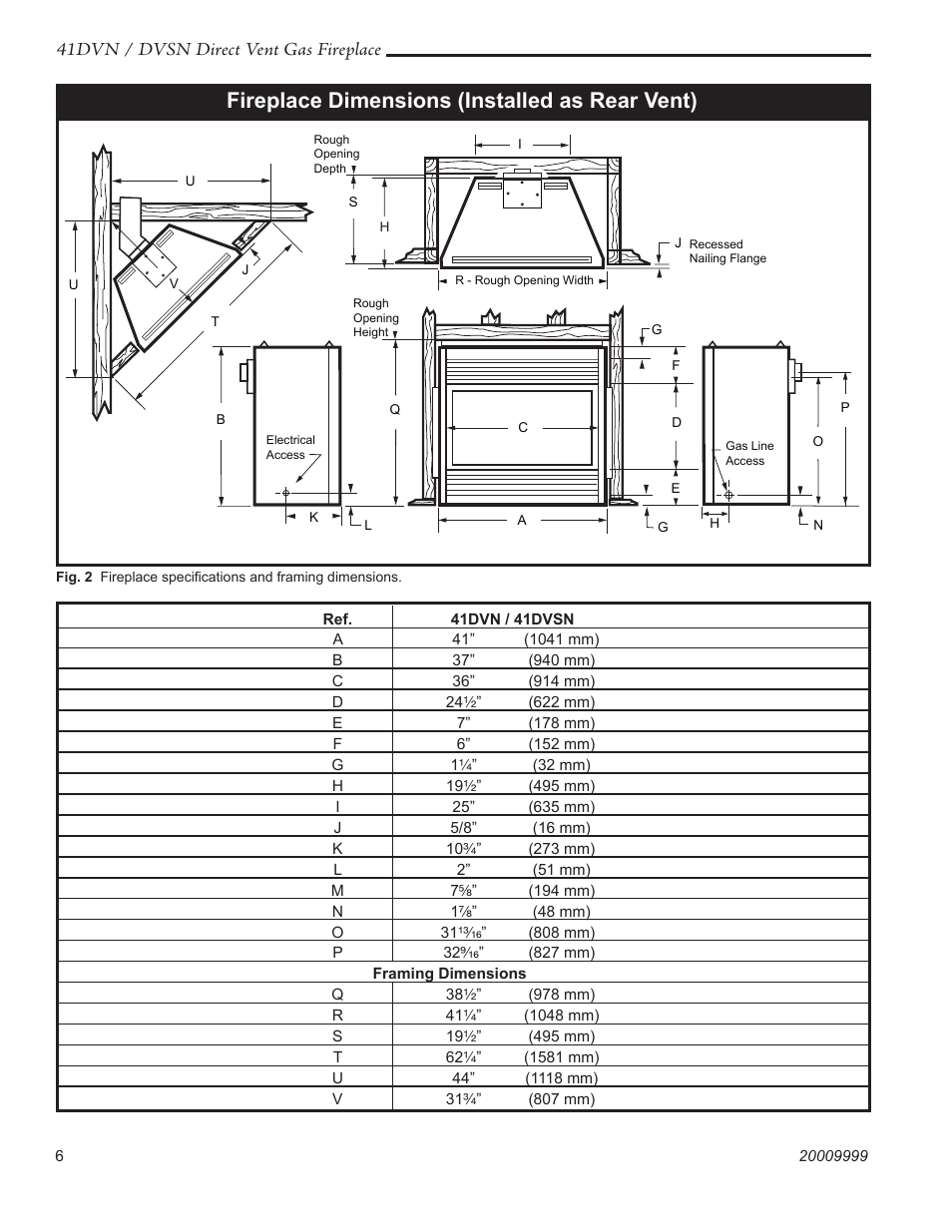 Fireplace dimensions (installed as rear vent), 41dvn / dvsn direct vent gas fireplace | Temco Tool 41DVN User Manual | Page 6 / 52