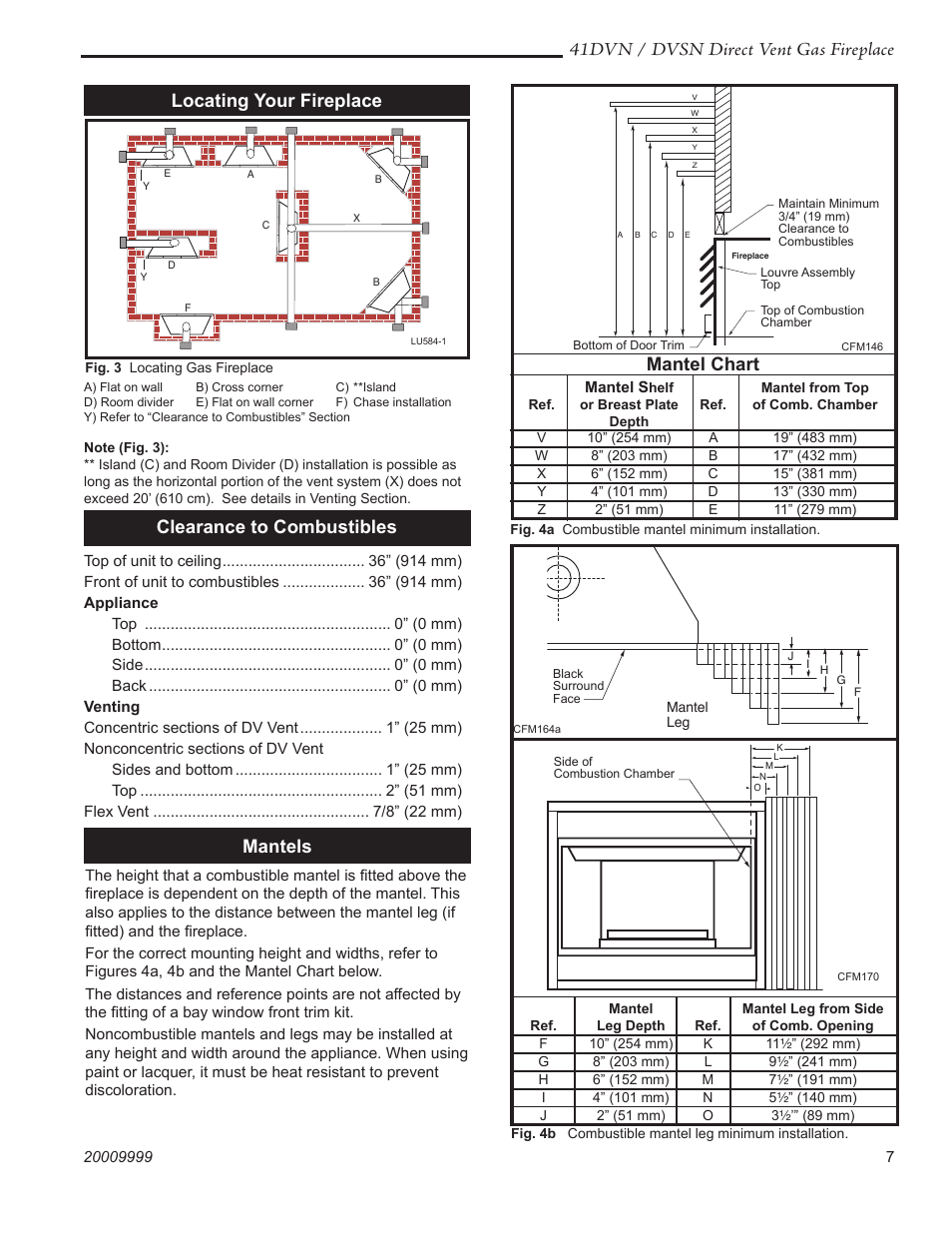 41dvn / dvsn direct vent gas fireplace, Mantels, Clearance to combustibles | Locating your fireplace, Mantel chart | Temco Tool 41DVN User Manual | Page 7 / 52
