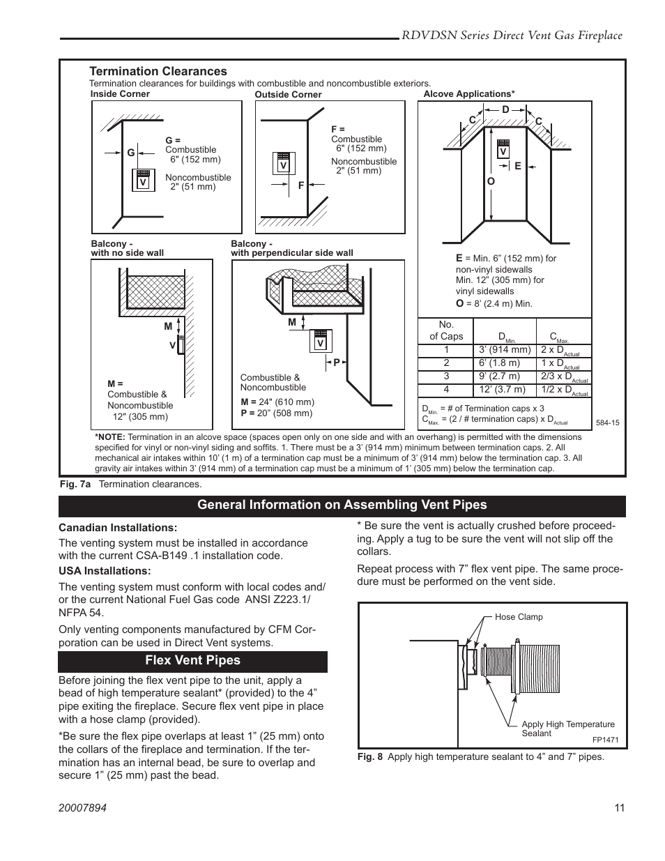 Rdvdsn series direct vent gas fireplace, General information on assembling vent pipes, Flex vent pipes | Fp1471 flex vent, Termination clearances | Temco Tool 39RDVDSN User Manual | Page 11 / 44