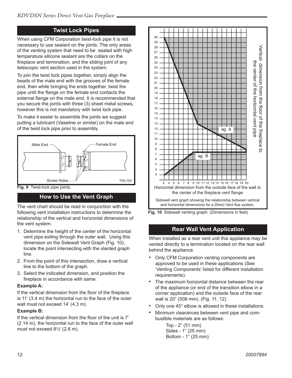 Rdvdsn series direct vent gas fireplace, How to use the vent graph, Twist lock pipes | Rear wall vent application | Temco Tool 39RDVDSN User Manual | Page 12 / 44