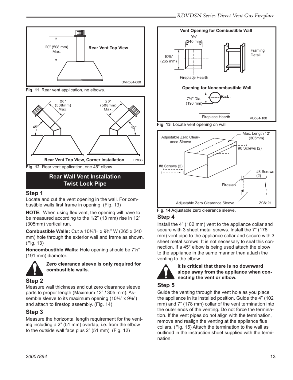 Rdvdsn series direct vent gas fireplace, Rear wall vent installation twist lock pipe step 1, Step 2 | Step 3, Step 4, Step 5 | Temco Tool 39RDVDSN User Manual | Page 13 / 44