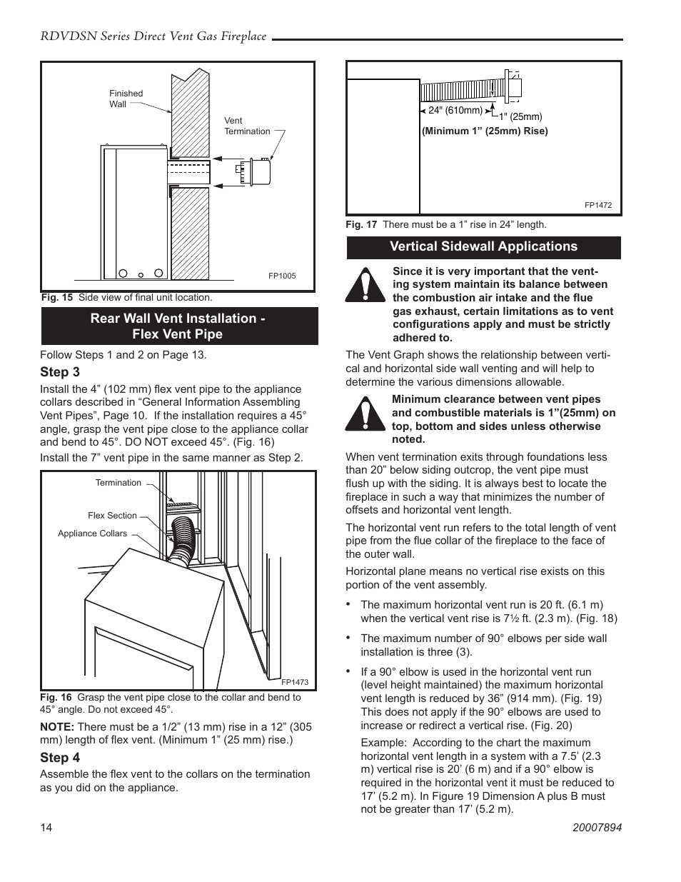 Rdvdsn series direct vent gas fireplace, Rear wall vent installation - flex vent pipe, Step 3 | Step 4, Vertical sidewall applications | Temco Tool 39RDVDSN User Manual | Page 14 / 44