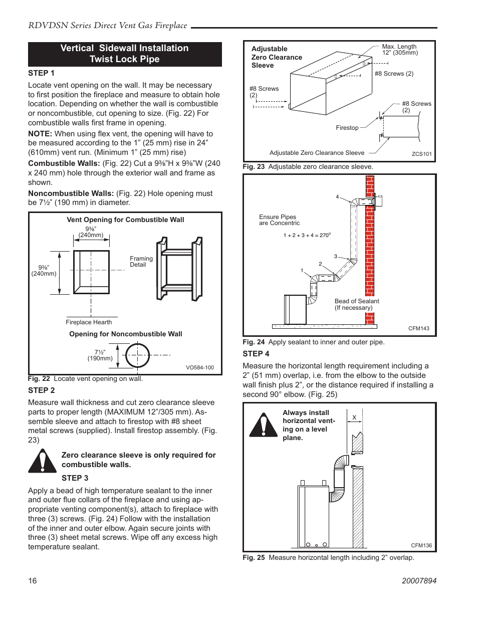 Rdvdsn series direct vent gas fireplace, Vertical sidewall installation twist lock pipe | Temco Tool 39RDVDSN User Manual | Page 16 / 44