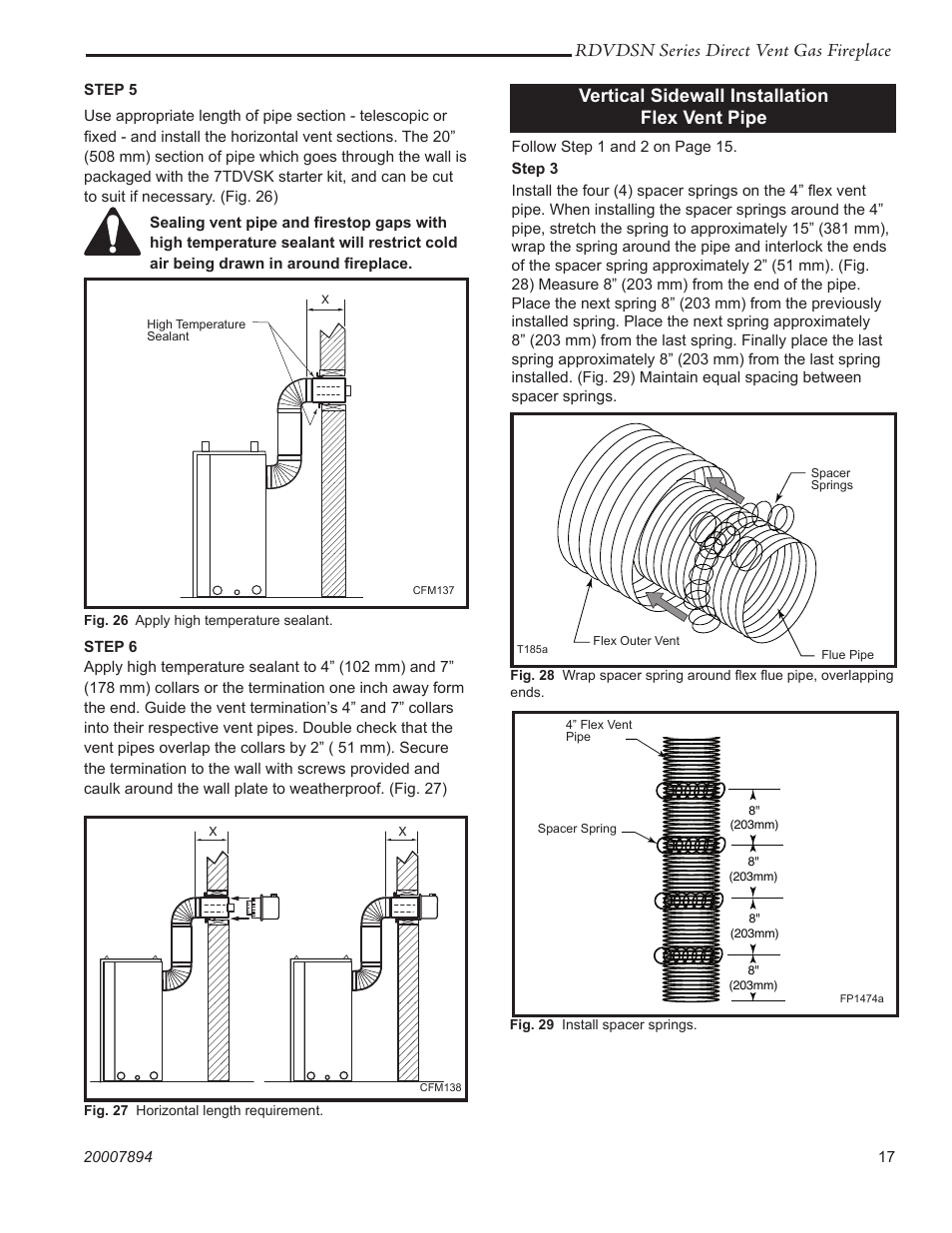 Rdvdsn series direct vent gas fireplace, Vertical sidewall installation flex vent pipe | Temco Tool 39RDVDSN User Manual | Page 17 / 44