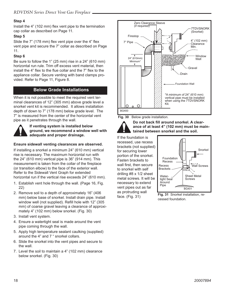 Rdvdsn series direct vent gas fireplace, Below grade installations | Temco Tool 39RDVDSN User Manual | Page 18 / 44