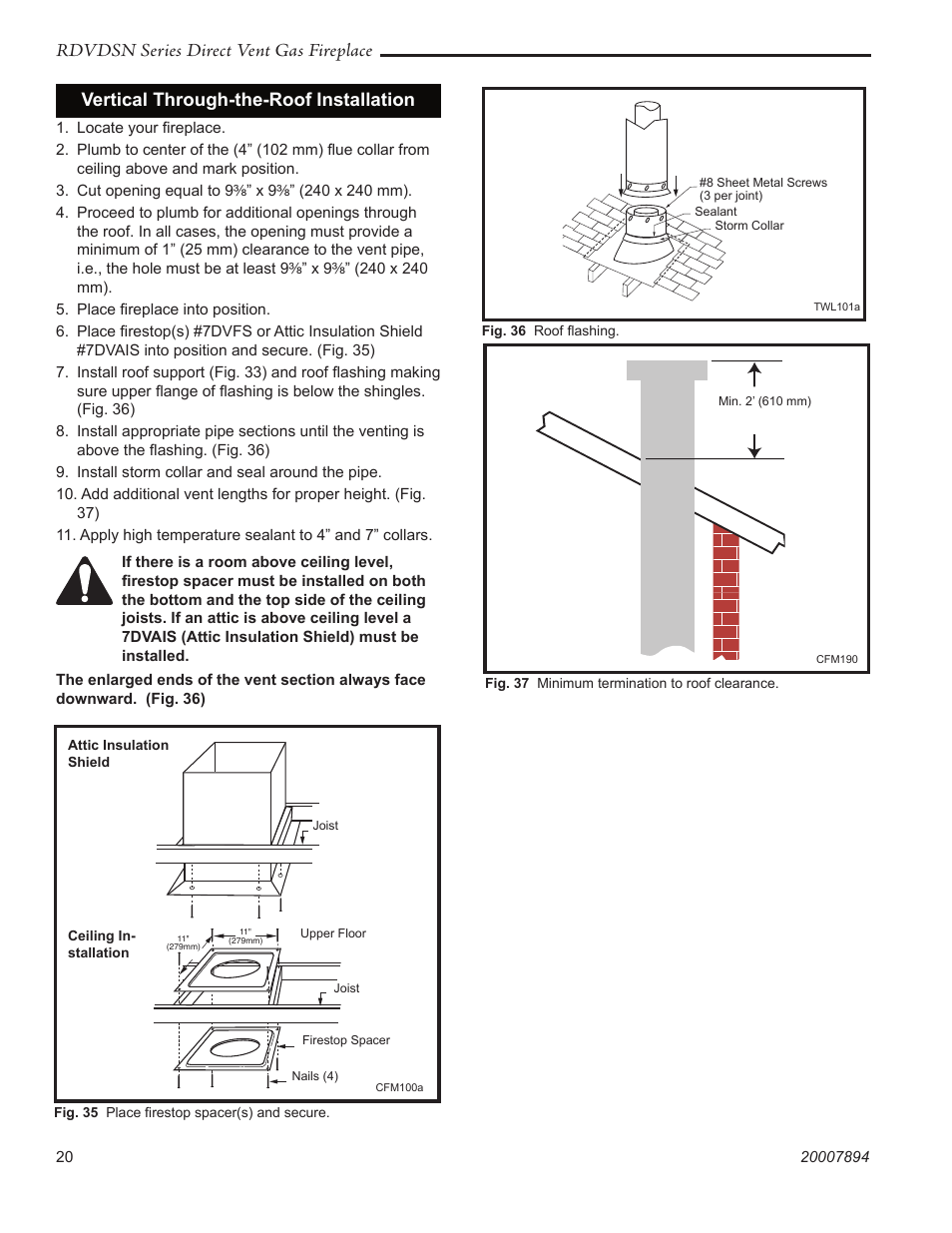 Rdvdsn series direct vent gas fireplace, Vertical through-the-roof installation | Temco Tool 39RDVDSN User Manual | Page 20 / 44