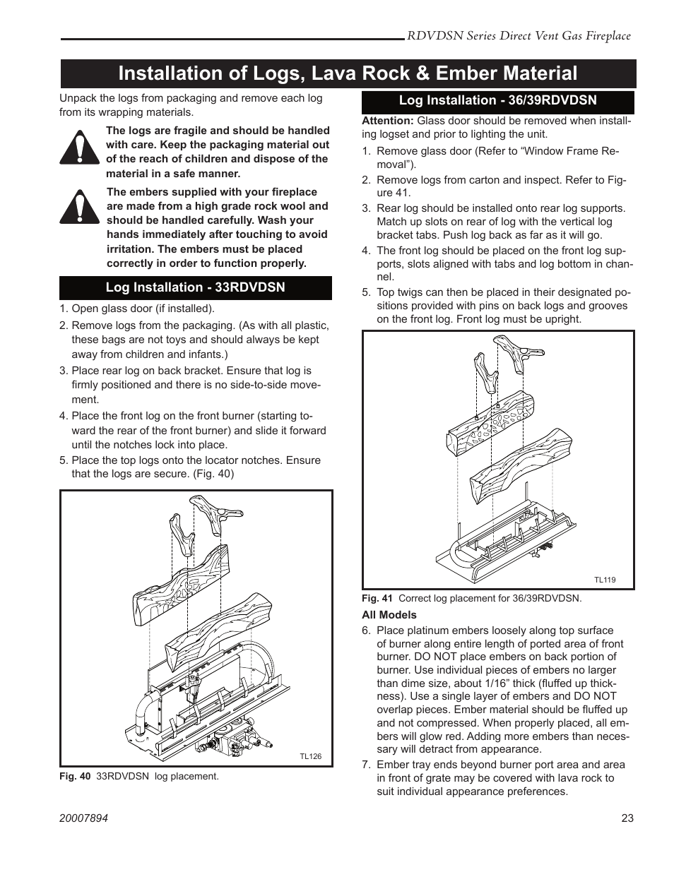 Installation of logs, lava rock & ember material, Rdvdsn series direct vent gas fireplace, Log installation - 33rdvdsn | Log installation - 36/39rdvdsn | Temco Tool 39RDVDSN User Manual | Page 23 / 44