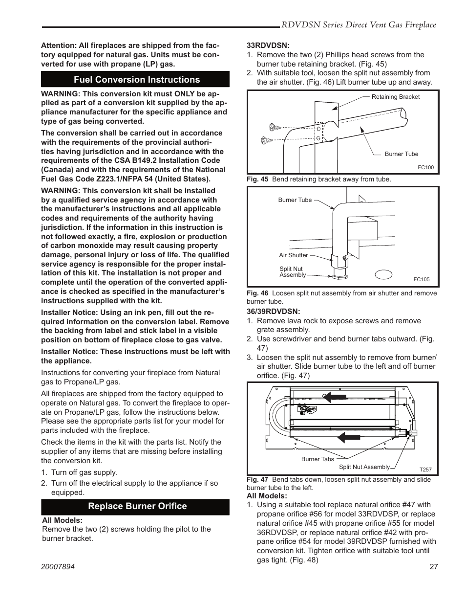 Rdvdsn series direct vent gas fireplace, Fuel conversion instructions, Replace burner oriﬁce | Temco Tool 39RDVDSN User Manual | Page 27 / 44