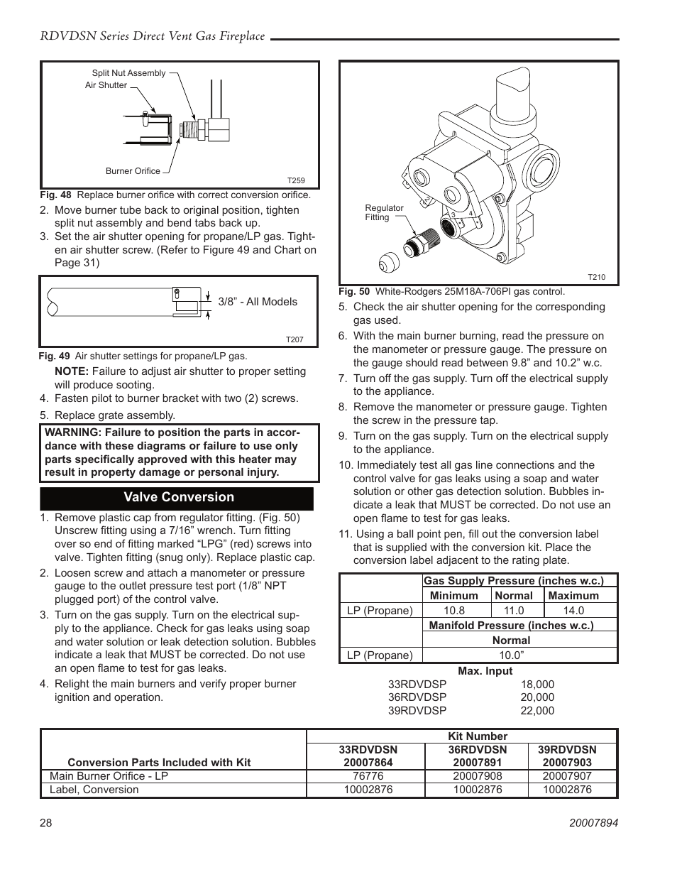 Rdvdsn series direct vent gas fireplace, Valve conversion | Temco Tool 39RDVDSN User Manual | Page 28 / 44