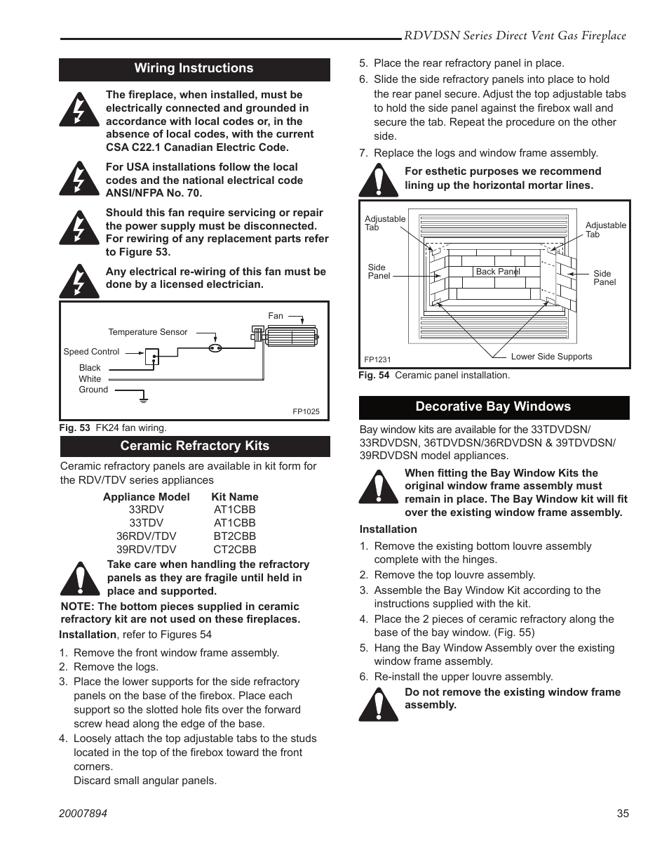 Rdvdsn series direct vent gas fireplace, Decorative bay windows, Wiring instructions | Ceramic refractory kits | Temco Tool 39RDVDSN User Manual | Page 35 / 44