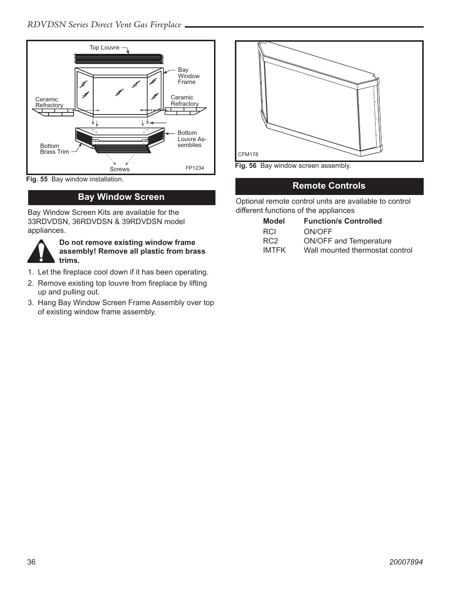 Rdvdsn series direct vent gas fireplace, Remote controls bay window screen | Temco Tool 39RDVDSN User Manual | Page 36 / 44