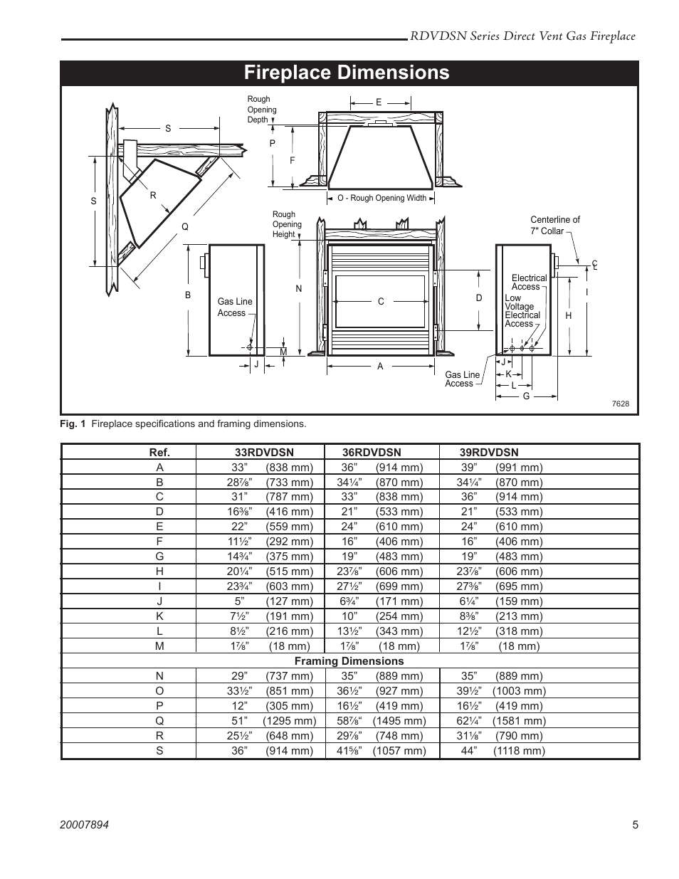 Fireplace dimensions | Temco Tool 39RDVDSN User Manual | Page 5 / 44