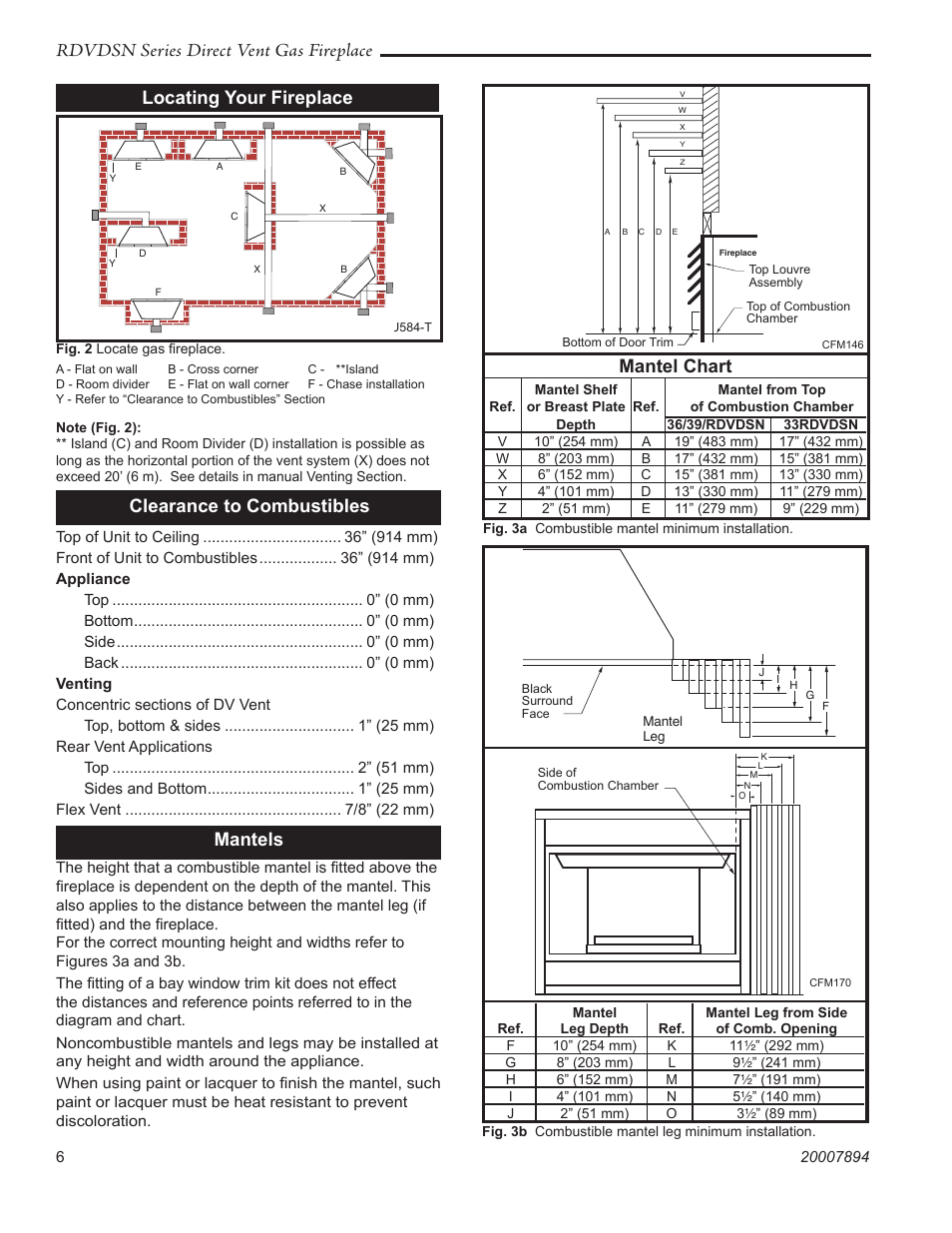 Rdvdsn series direct vent gas fireplace, Locating your fireplace, Mantels | Clearance to combustibles, Mantel chart | Temco Tool 39RDVDSN User Manual | Page 6 / 44