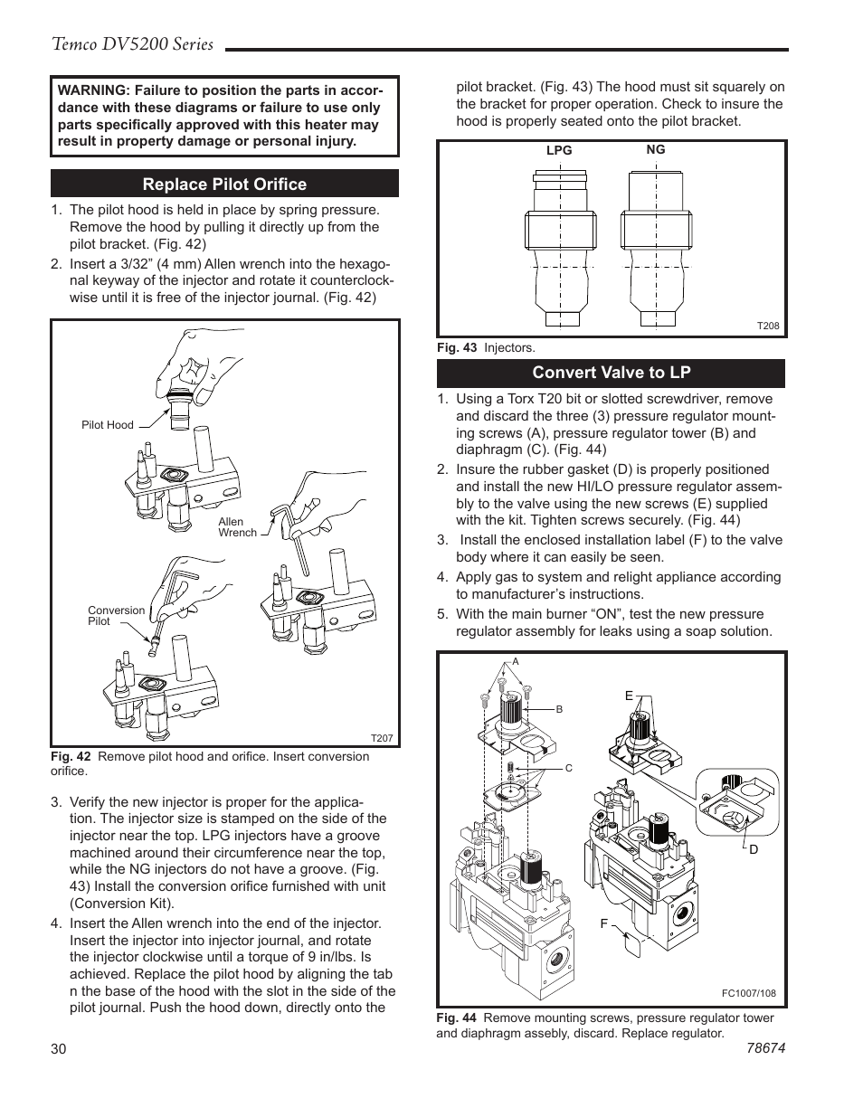 Temco dv5200 series, Replace pilot oriﬁce, Convert valve to lp | Temco Tool DV5200MB User Manual | Page 30 / 40