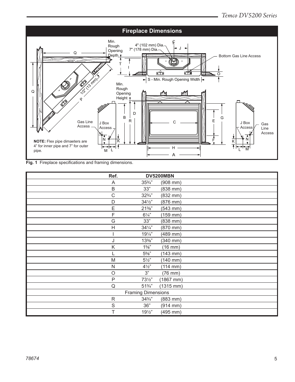 Temco dv5200 series, Fireplace dimensions | Temco Tool DV5200MB User Manual | Page 5 / 40