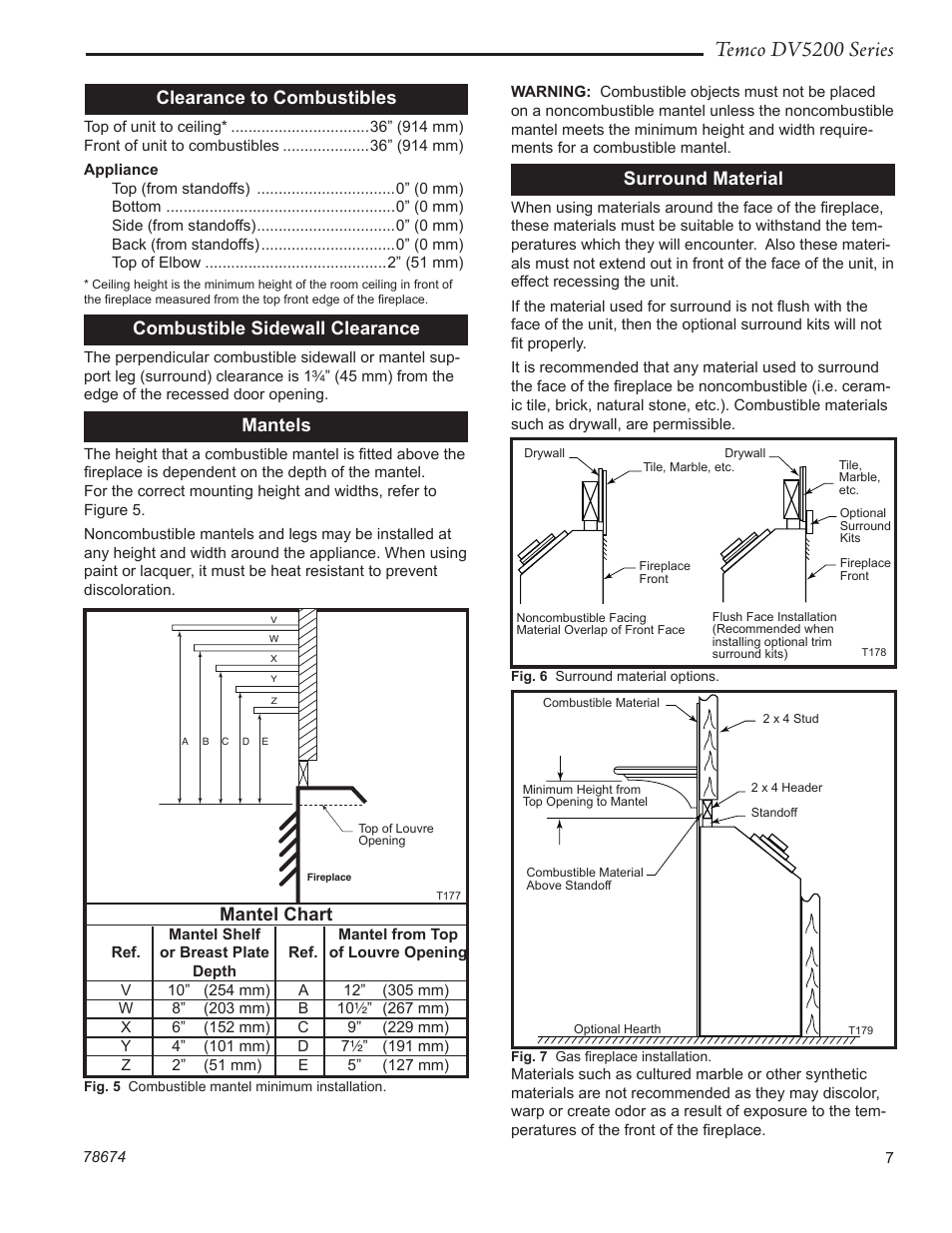 Temco dv5200 series, Clearance to combustibles, Combustible sidewall clearance | Mantels, Mantel chart, Surround material | Temco Tool DV5200MB User Manual | Page 7 / 40
