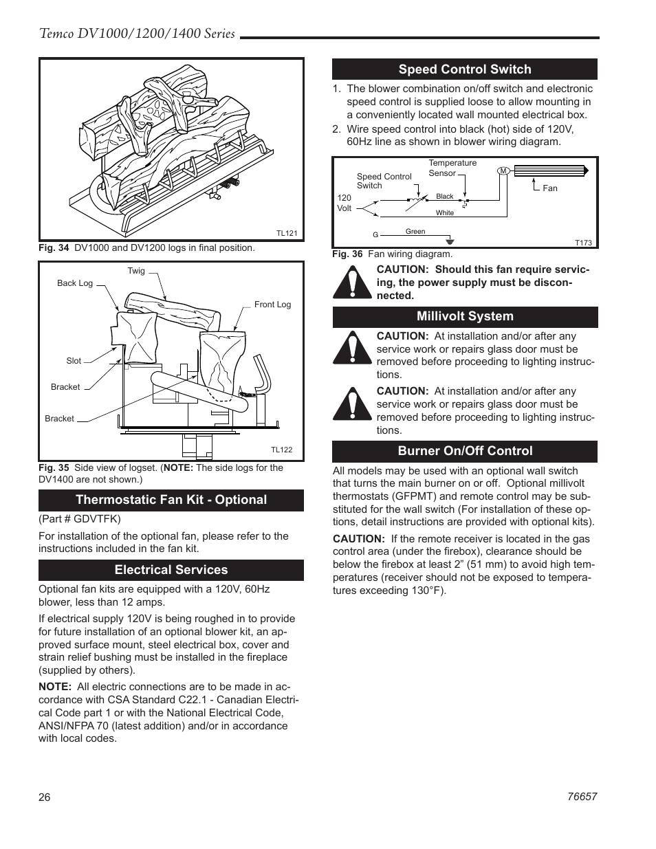 Thermostatic fan kit - optional, Electrical services, Speed control switch | Millivolt system, Burner on/off control | Temco Tool DV1400N/P User Manual | Page 26 / 40