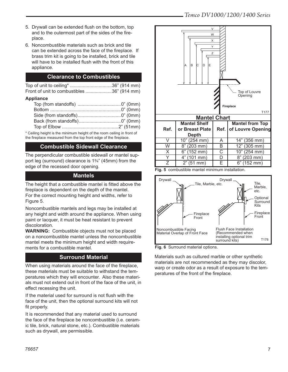 Clearance to combustibles, Combustible sidewall clearance, Mantels | Surround material, Mantel chart | Temco Tool DV1400N/P User Manual | Page 7 / 40