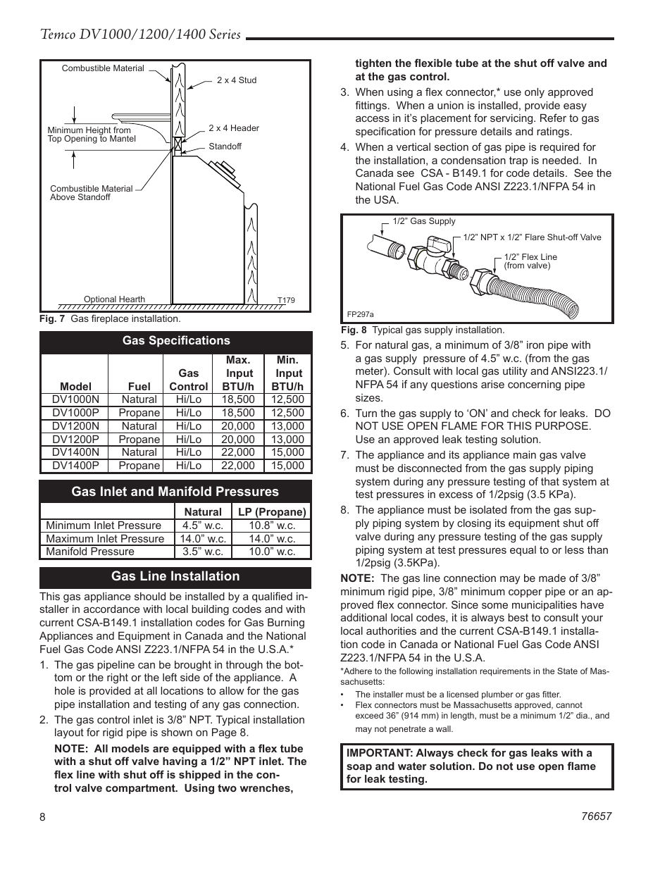 Gas inlet and manifold pressures, Gas line installation | Temco Tool DV1400N/P User Manual | Page 8 / 40