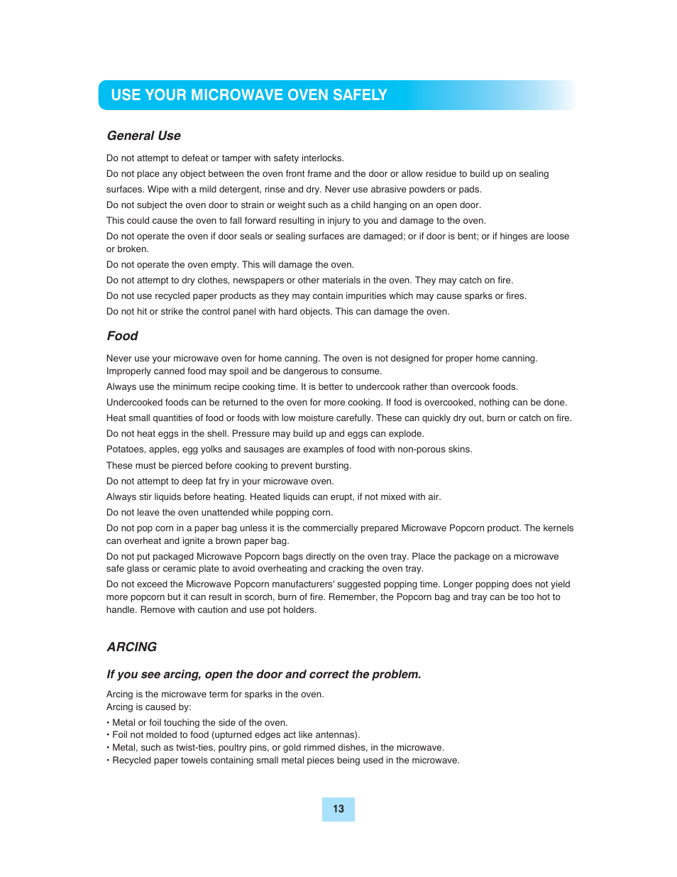 Use your microwave oven safely | Turbo Air TMW-1100M User Manual | Page 13 / 17