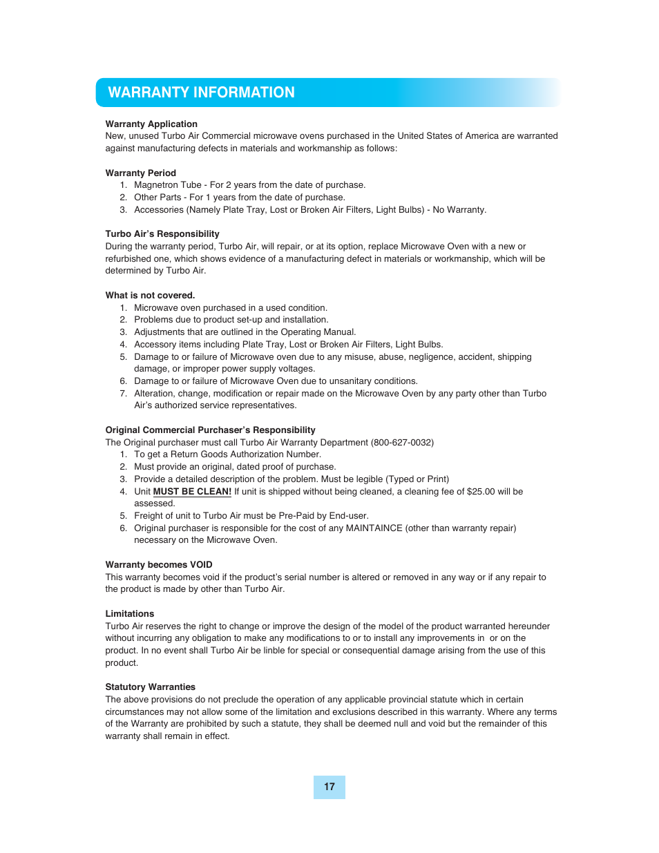 Warranty information | Turbo Air TMW-1100M User Manual | Page 17 / 17