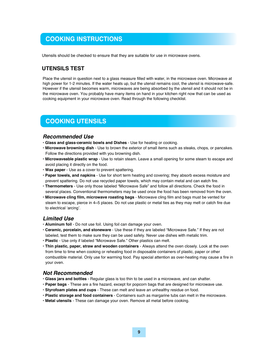 Cooking instructions cooking utensils | Turbo Air TMW-1100M User Manual | Page 9 / 17