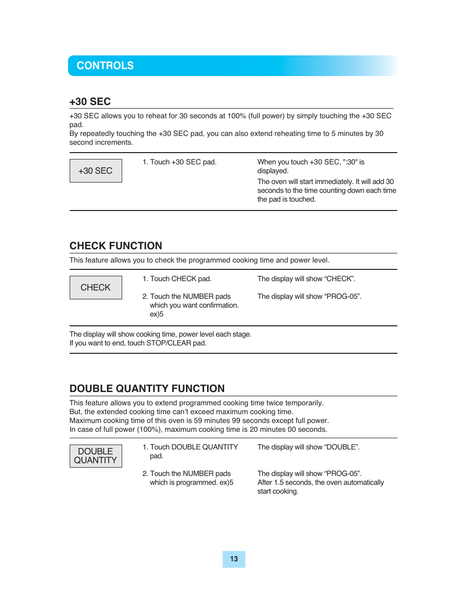 Controls +30 sec, Check function, Double quantity function | Turbo Air TMW-1100E User Manual | Page 13 / 27