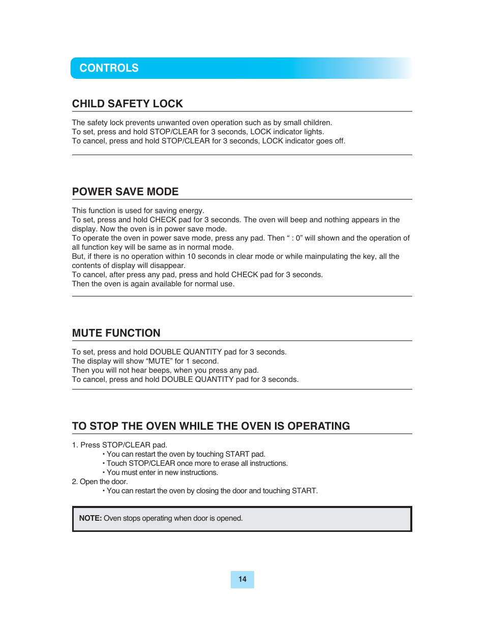 Controls child safety lock, Power save mode, Mute function | Turbo Air TMW-1100E User Manual | Page 14 / 27