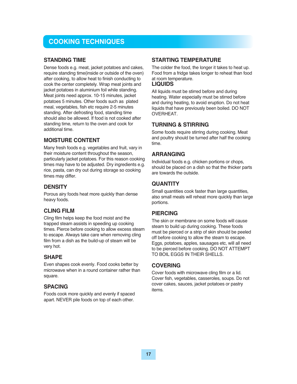 Cooking techniques | Turbo Air TMW-1100E User Manual | Page 17 / 27