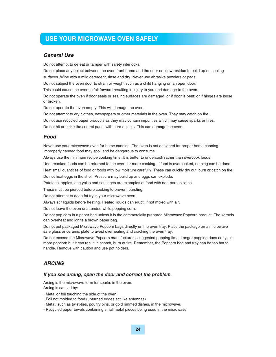 Use your microwave oven safely | Turbo Air TMW-1100E User Manual | Page 24 / 27