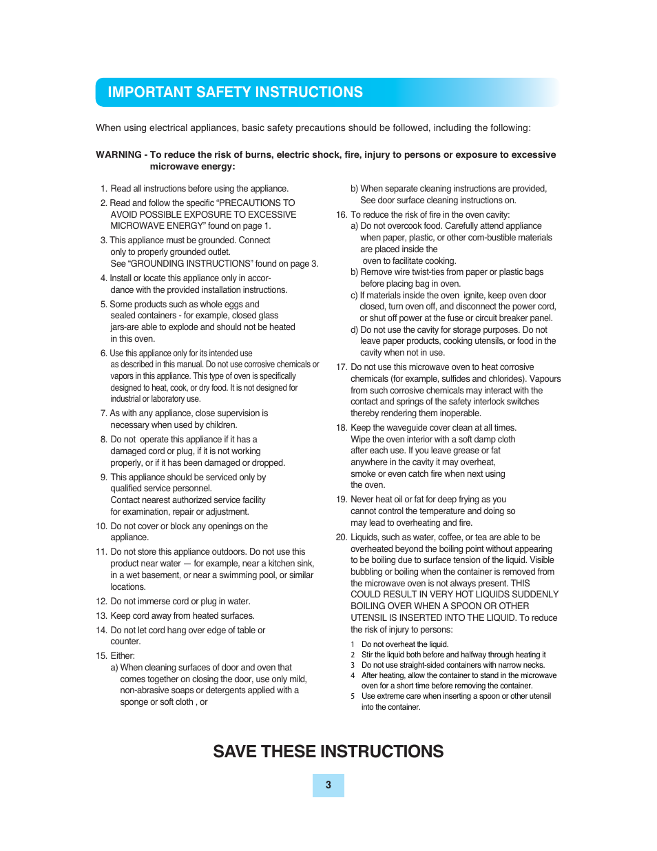 Save these instructions, Important safety instructions | Turbo Air TMW-1100E User Manual | Page 3 / 27