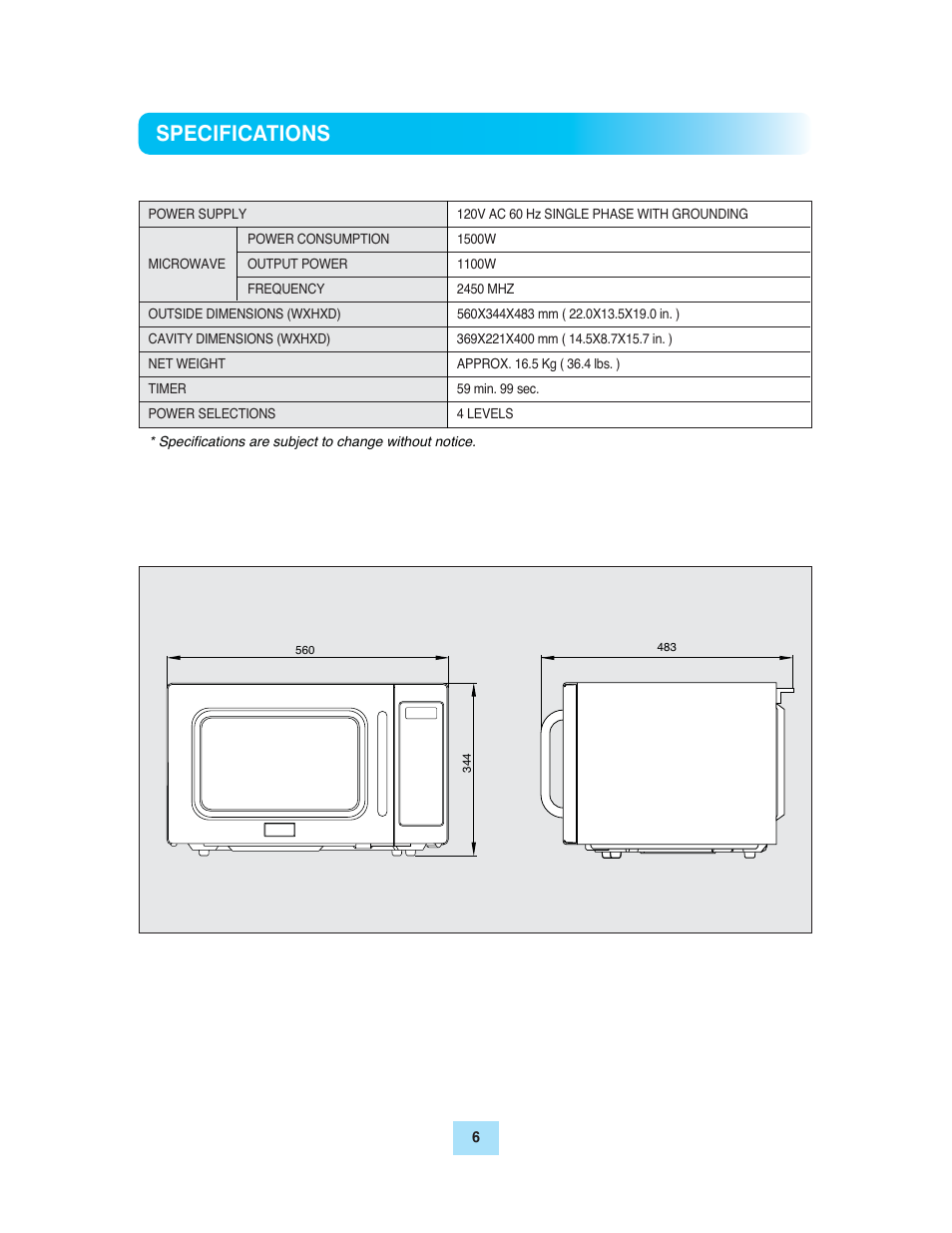 Specifications | Turbo Air TMW-1100E User Manual | Page 6 / 27