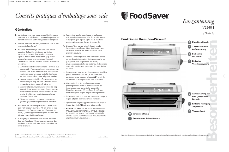 Besonderheiten, Conseils pratiques d’emballage sous vide, Kurzanleitung | V2240-i, Funktionen ihres foodsavers, Deutsch) généralités | FoodSaver V2240-I User Manual | Page 7 / 16