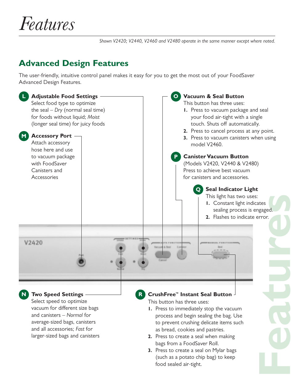 Featur es, Features | FoodSaver V2440 User Manual | Page 2 / 6