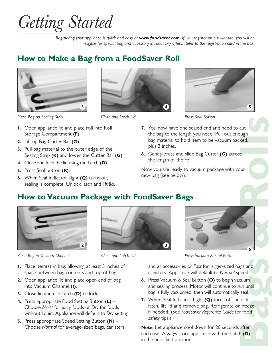 Featur es ba gs & rolls, Getting started | FoodSaver V2440 User Manual | Page 3 / 6