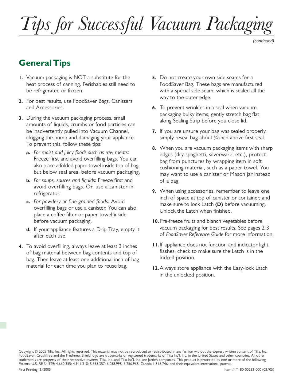 Tips, Tips for successful vacuum packaging, General tips | FoodSaver V2440 User Manual | Page 6 / 6