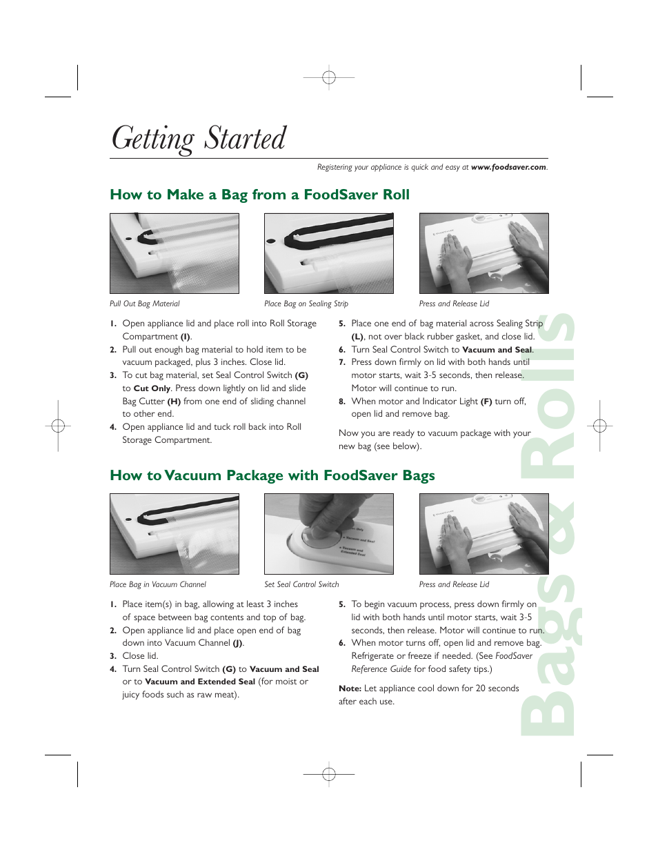 Ba gs & rolls, Getting started | FoodSaver V845 User Manual | Page 2 / 6