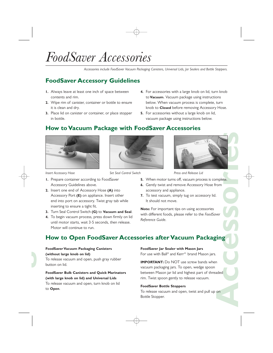 Gaccessories, Foodsaver accessories, Foodsaver accessory guidelines | How to vacuum package with foodsaver accessories | FoodSaver V845 User Manual | Page 3 / 6