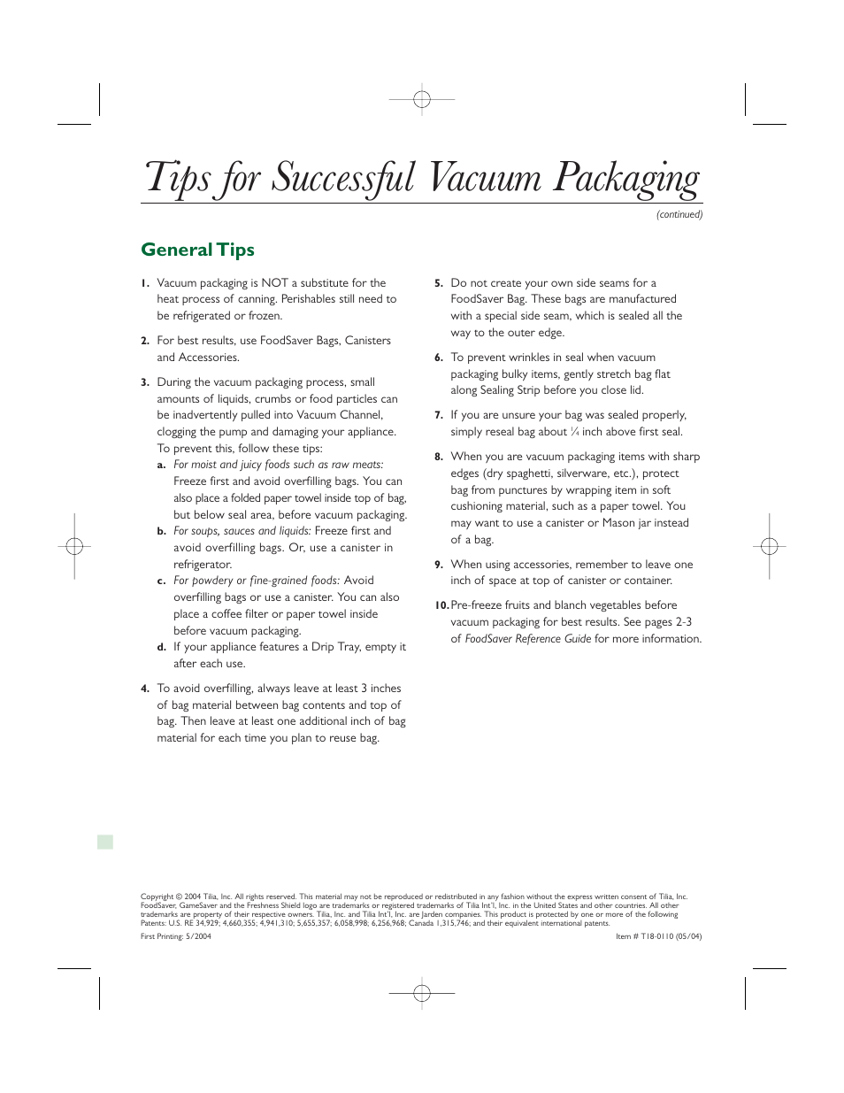 Tips for successful vacuum packaging, General tips | FoodSaver V845 User Manual | Page 6 / 6