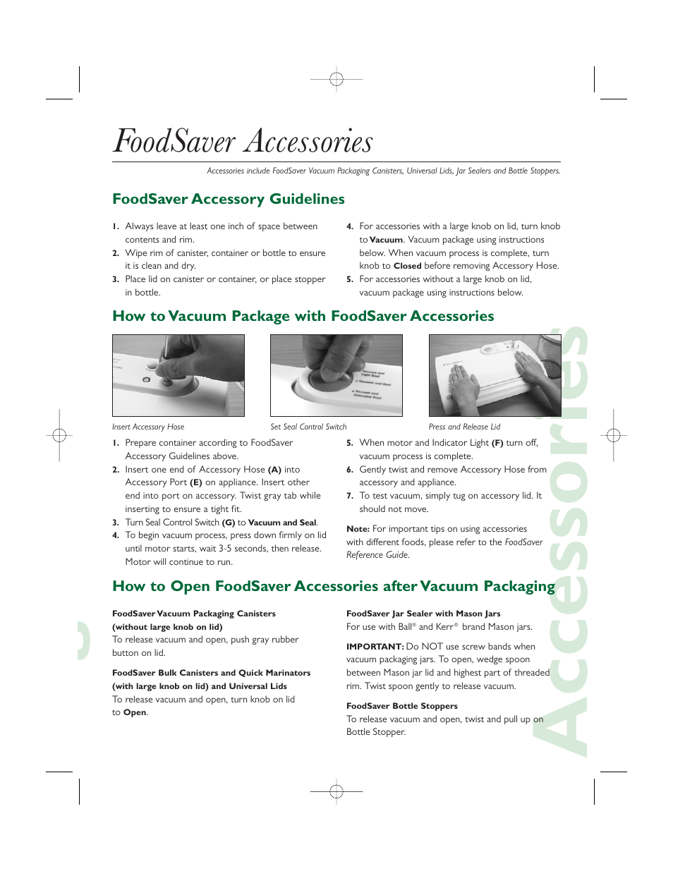 Gaccessories, Foodsaver accessories, Foodsaver accessory guidelines | How to vacuum package with foodsaver accessories | FoodSaver GameSaver Deluxe V1095 User Manual | Page 3 / 6