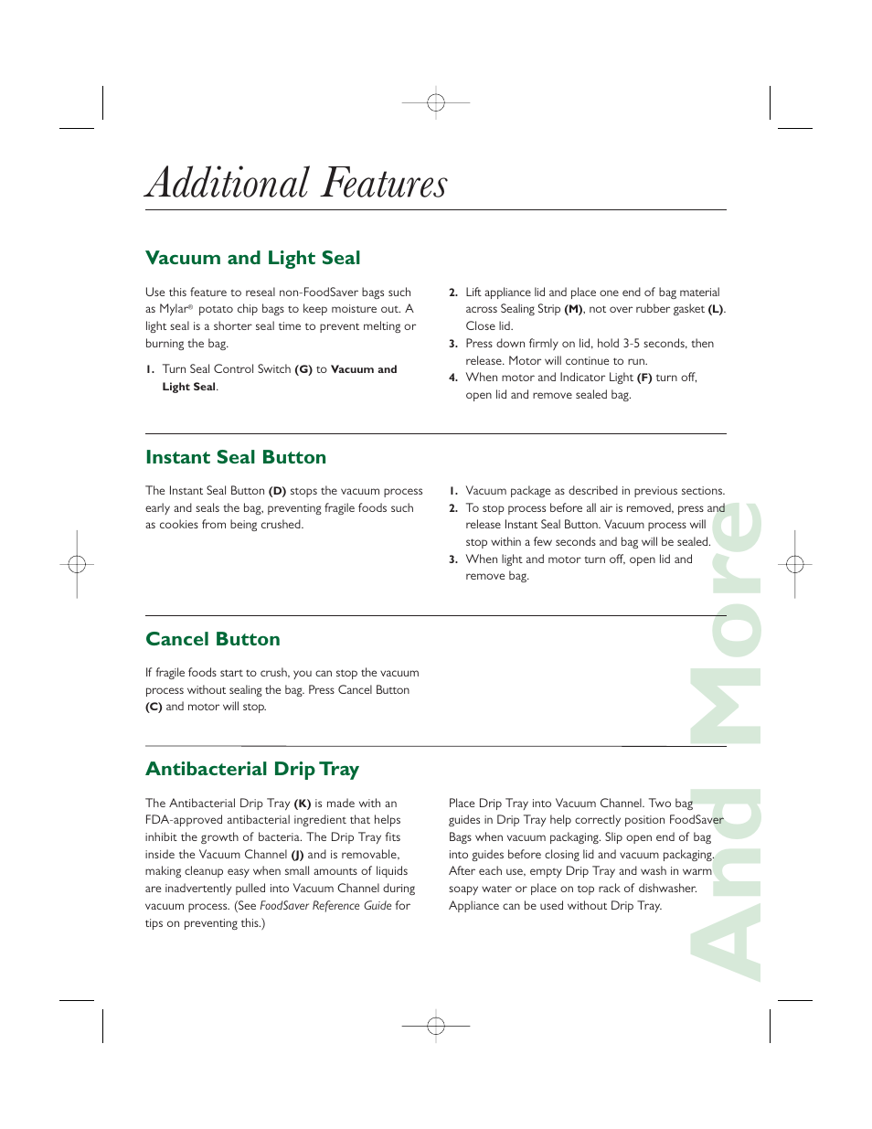 And mor e, Additional features | FoodSaver GameSaver Deluxe V1095 User Manual | Page 4 / 6