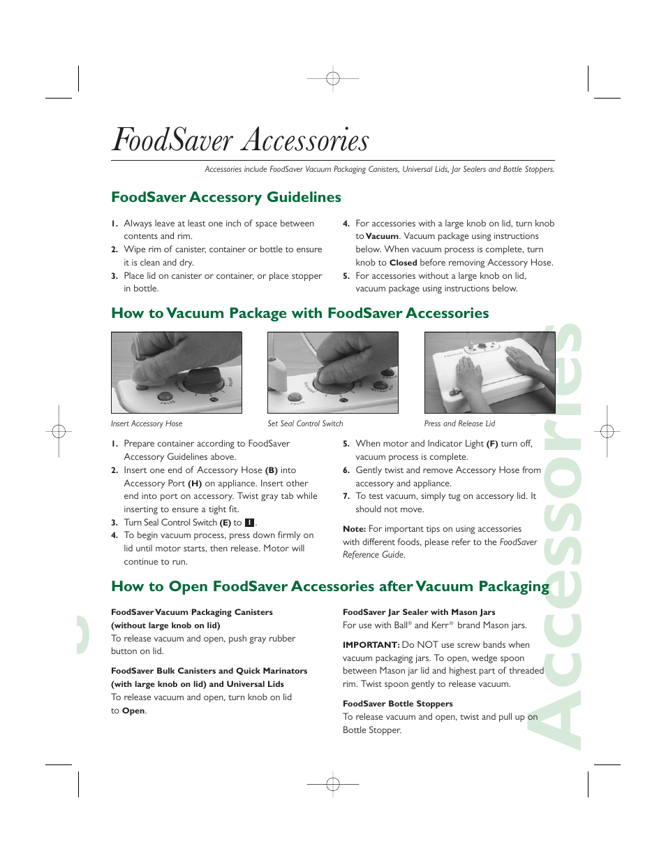 Gaccessories, Foodsaver accessories, Foodsaver accessory guidelines | How to vacuum package with foodsaver accessories | FoodSaver GameSaver Pro User Manual | Page 3 / 6