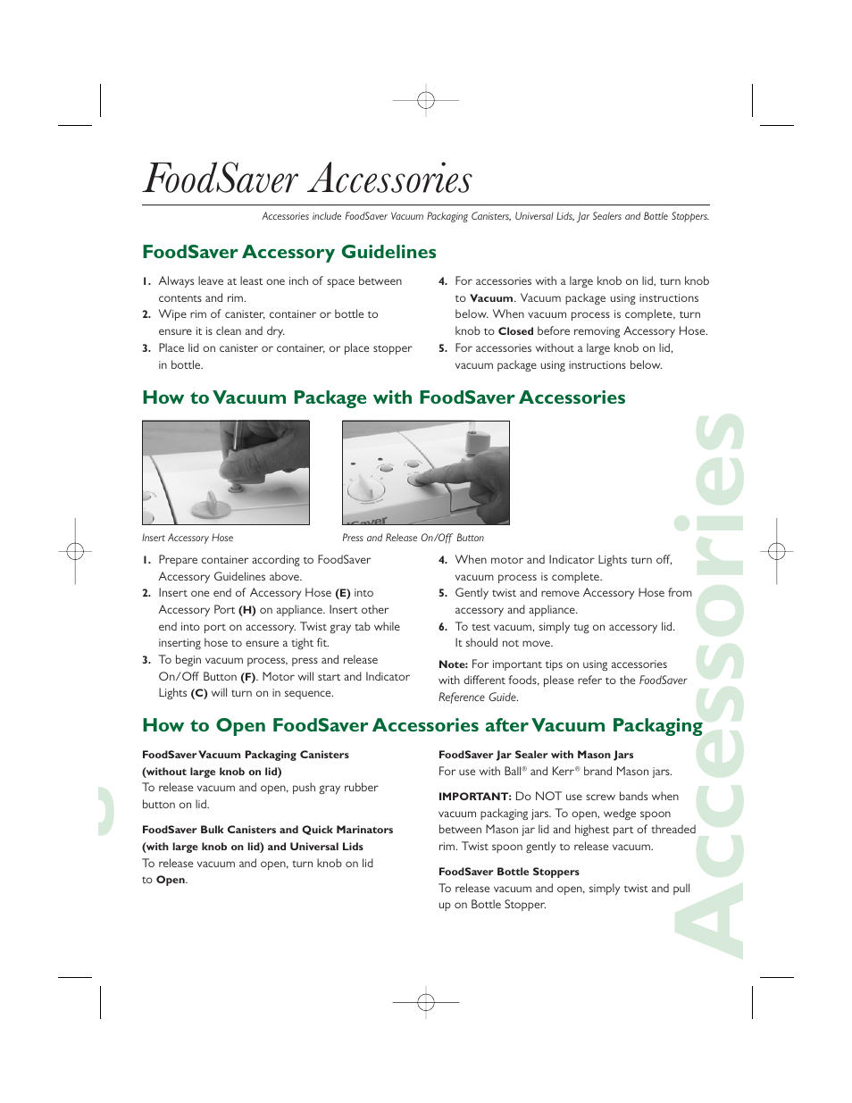 Gaccessories, Foodsaver accessories, Foodsaver accessory guidelines | How to vacuum package with foodsaver accessories | FoodSaver Professional III User Manual | Page 3 / 6