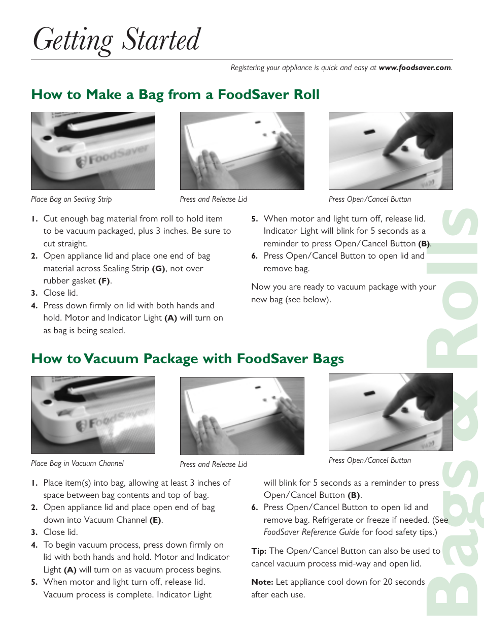 Ba gs & rolls, Getting started | FoodSaver Mini Plus User Manual | Page 2 / 4