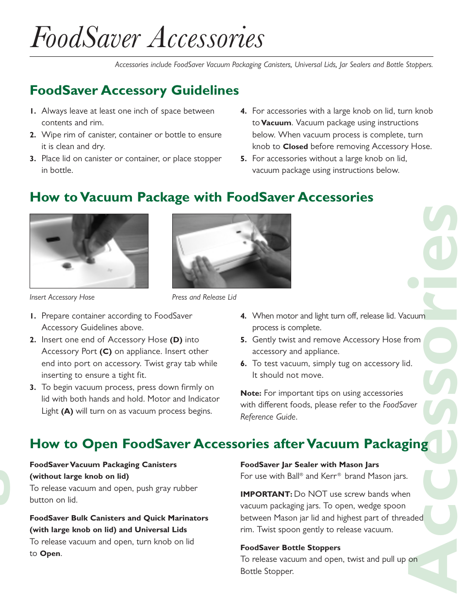 Gaccessories, Foodsaver accessories, Foodsaver accessory guidelines | How to vacuum package with foodsaver accessories | FoodSaver Mini Plus User Manual | Page 3 / 4