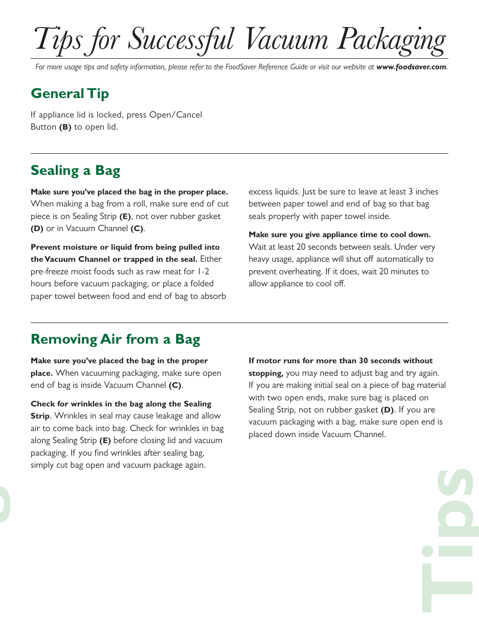 Gtips, Tips for successful vacuum packaging | FoodSaver V240 User Manual | Page 3 / 4