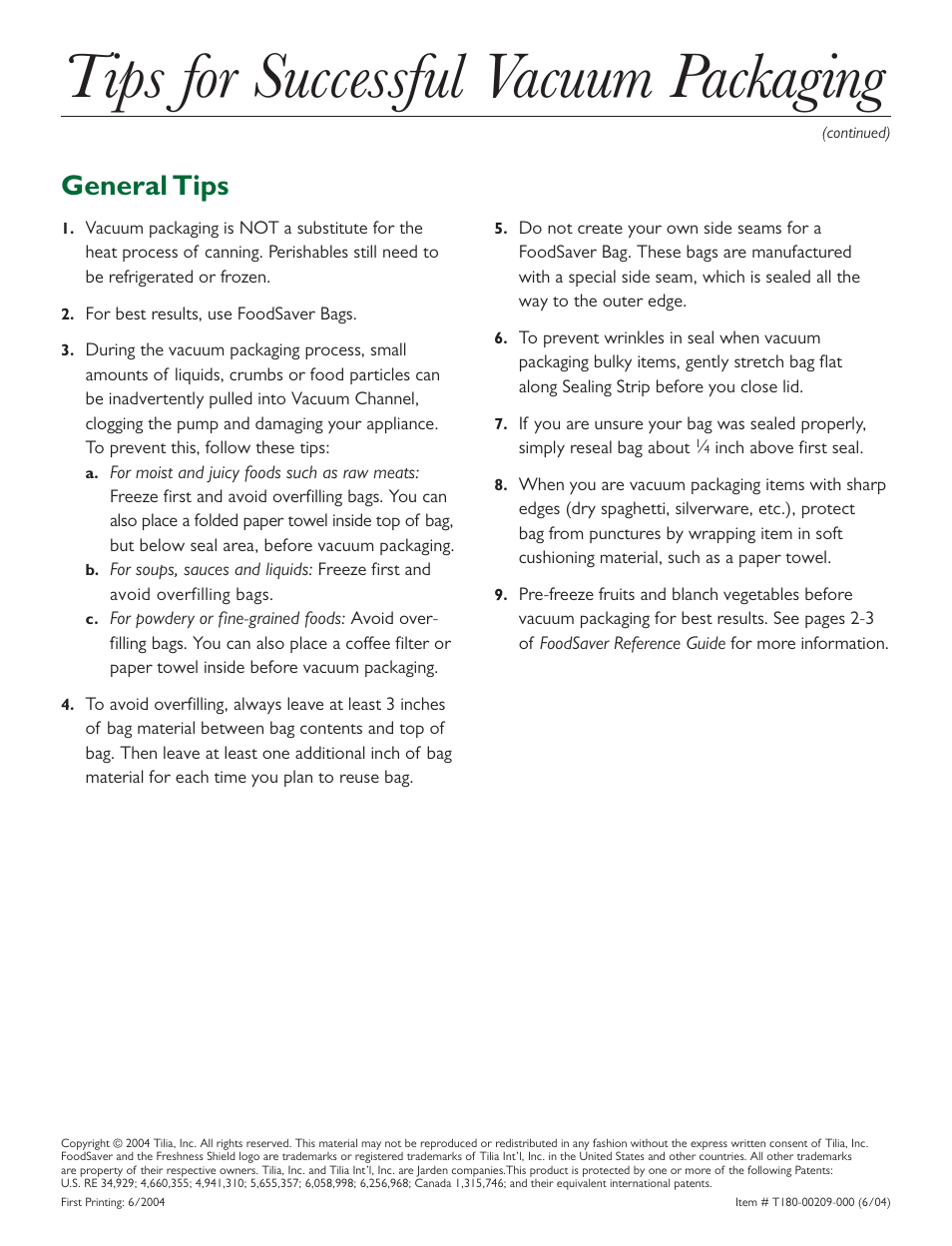 Tips for successful vacuum packaging, General tips | FoodSaver V240 User Manual | Page 4 / 4