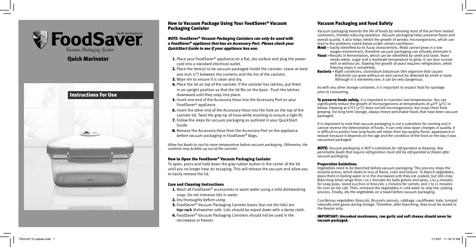 FoodSaver Quick Marinator None User Manual | 2 pages